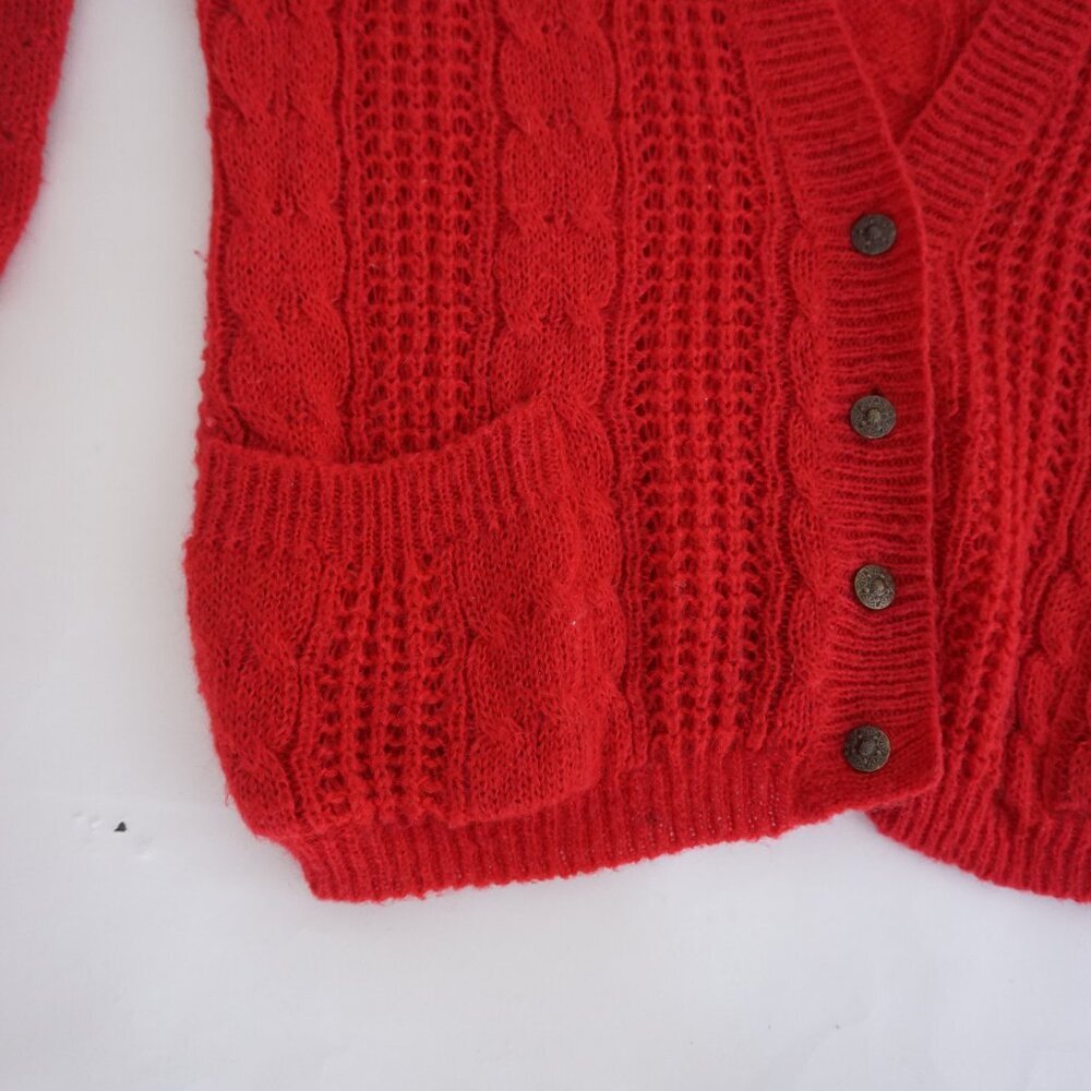 Red Cable Knit Button-Front Cardigan Sweater - Picture 8 of 10